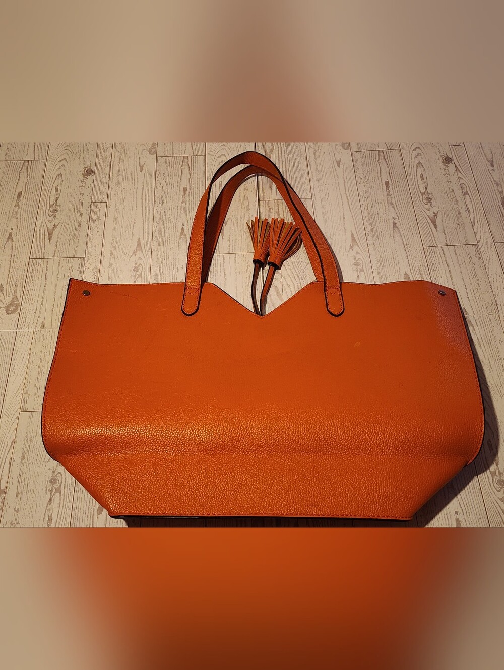 Neiman Marcus Orange Pebbled Leather Tassel Tote Shoulder Bag - Picture 8 of 9